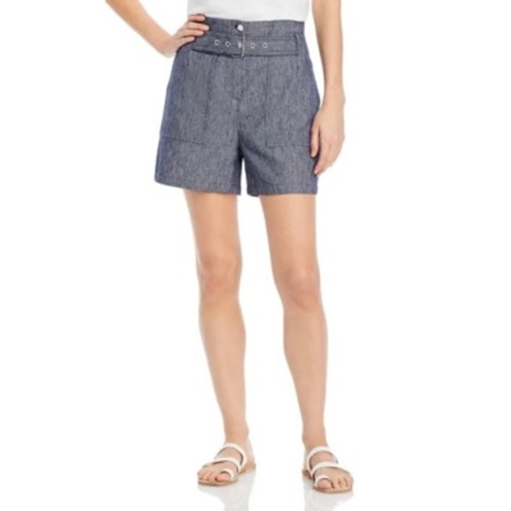 Karl Lagerfeld Paris‎ Women Blue Cotton Linen Belted Shorts Size 14 Coastal Chic